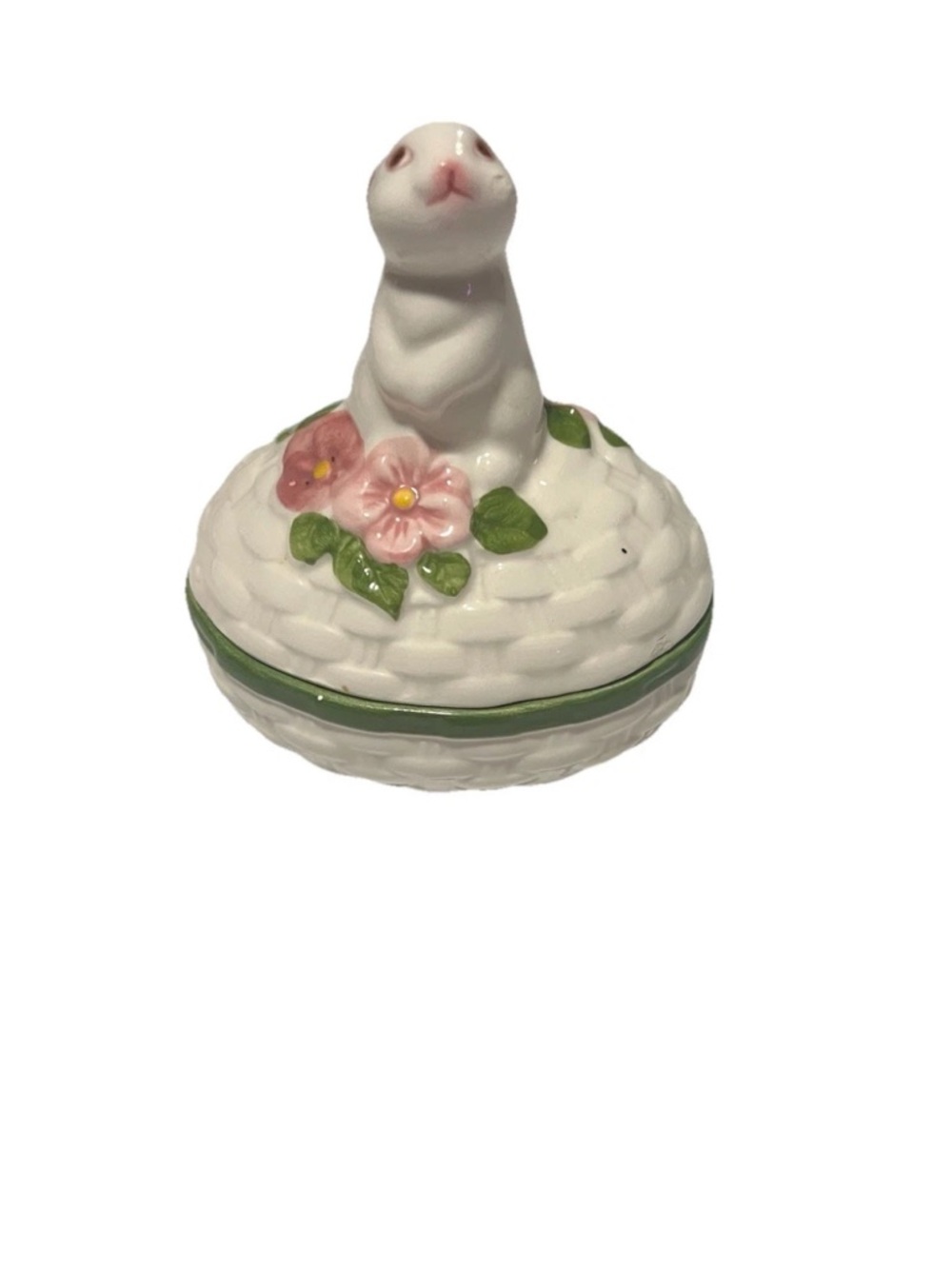 Vintage 1982 Avon Porcelain Bunny Trinket Box with Pink Flower Detail